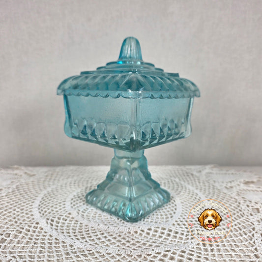 Vintage Jeannette Glass Turquoise Blue Flash Pedestal Candy Dish with Lid Square Depression Glass