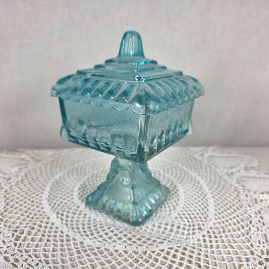 Vintage Jeannette Glass Turquoise Blue Flash Pedestal Candy Dish with Lid Square Depression Glass