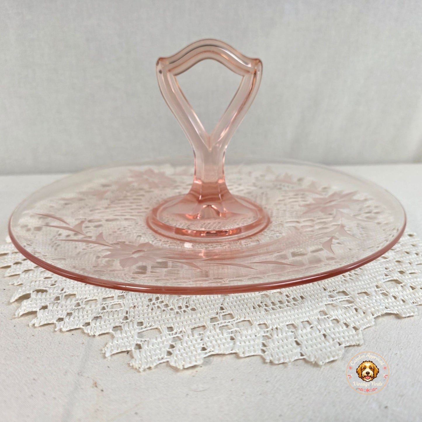 Vintage Pink Depression Glass Handled Tidbit Tray Etched Floral Sandwich Plate