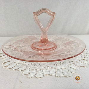 Vintage Pink Depression Glass Handled Tidbit Tray Etched Floral Sandwich Plate
