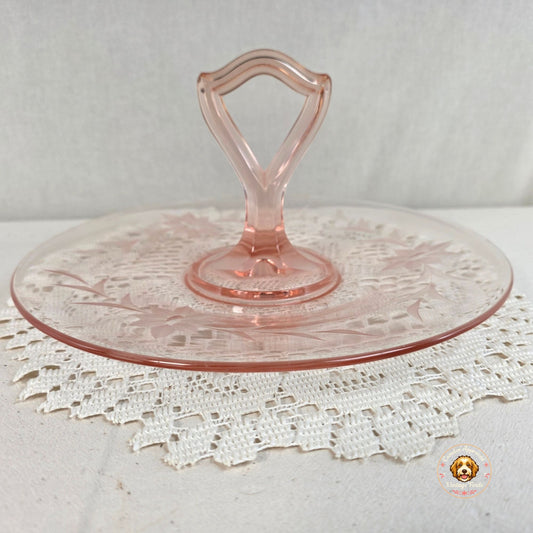 Vintage Pink Depression Glass Handled Tidbit Tray Etched Floral Sandwich Plate