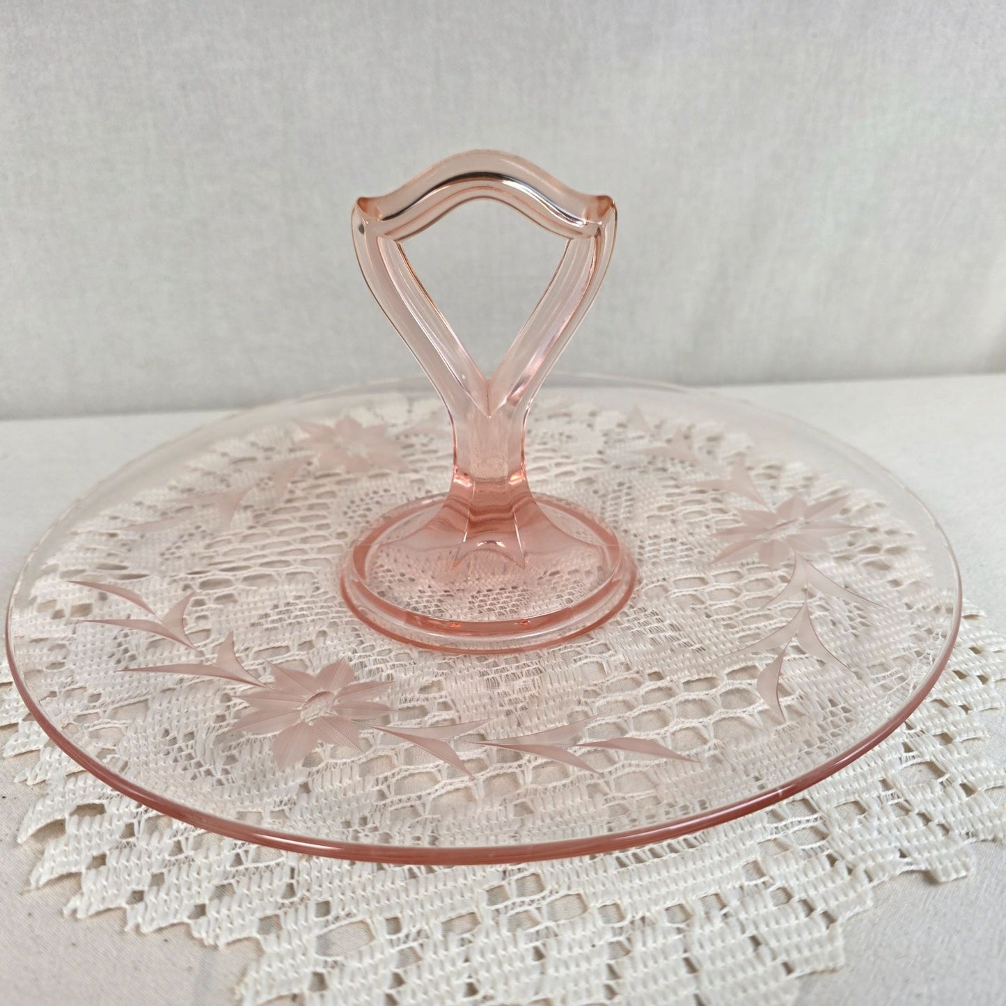 Vintage Pink Depression Glass Handled Tidbit Tray Etched Floral Sandwich Plate