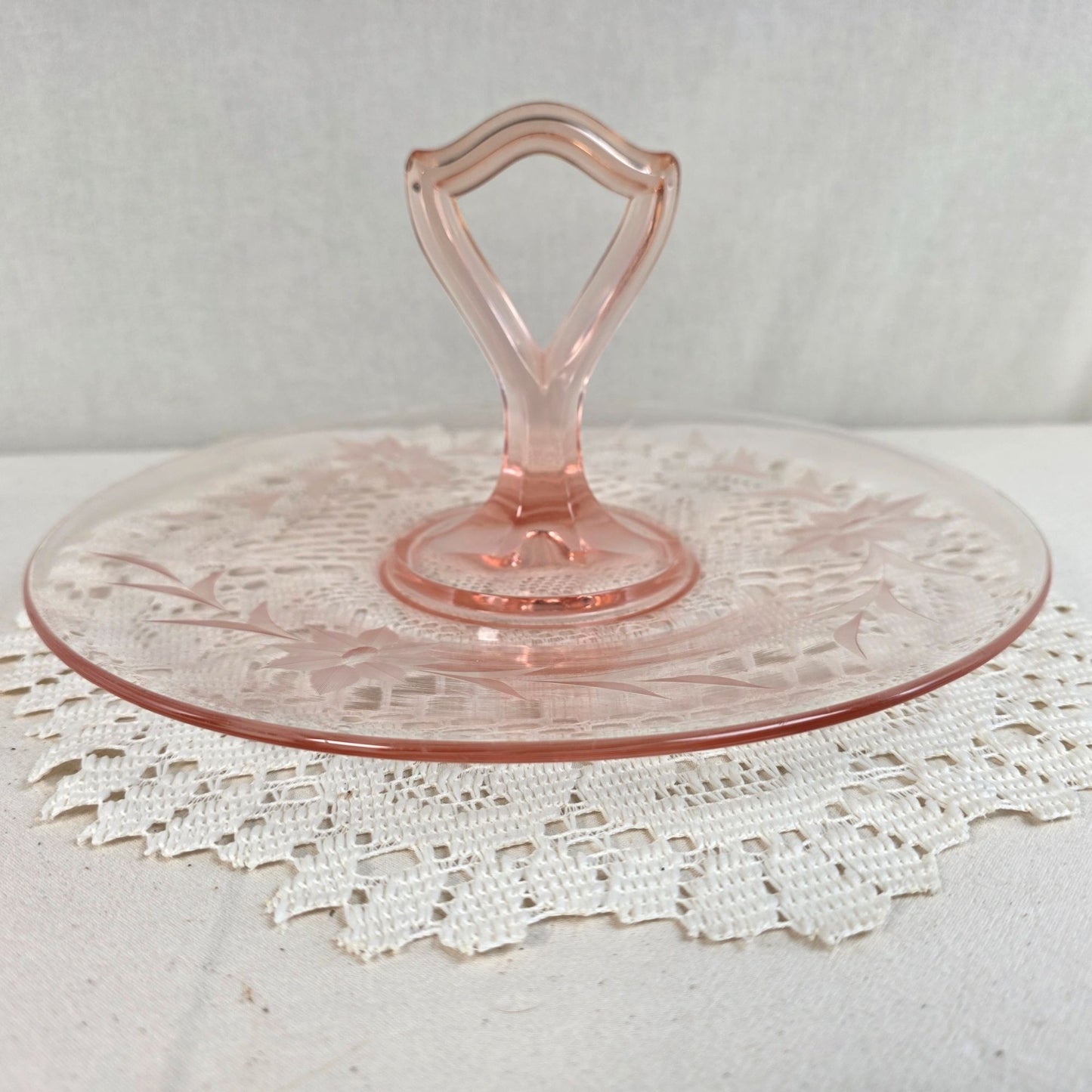 Vintage Pink Depression Glass Handled Tidbit Tray Etched Floral Sandwich Plate
