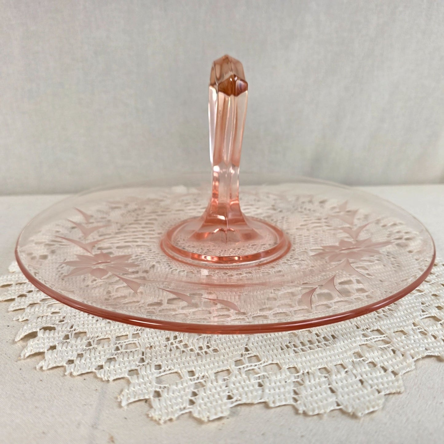 Vintage Pink Depression Glass Handled Tidbit Tray Etched Floral Sandwich Plate