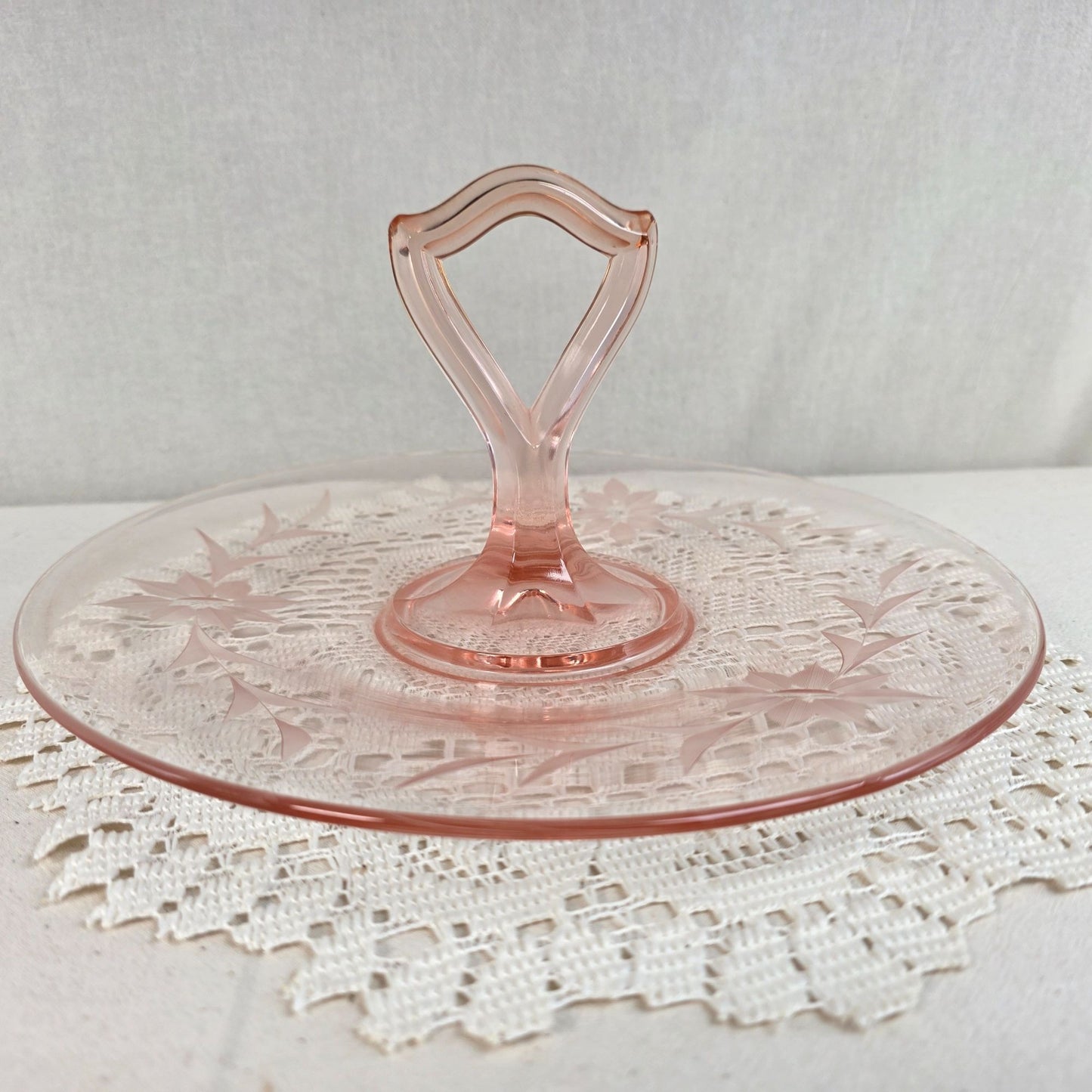 Vintage Pink Depression Glass Handled Tidbit Tray Etched Floral Sandwich Plate