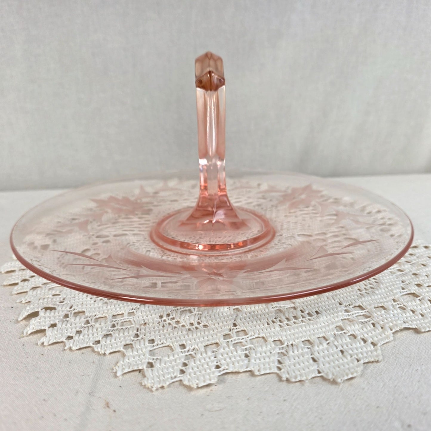 Vintage Pink Depression Glass Handled Tidbit Tray Etched Floral Sandwich Plate