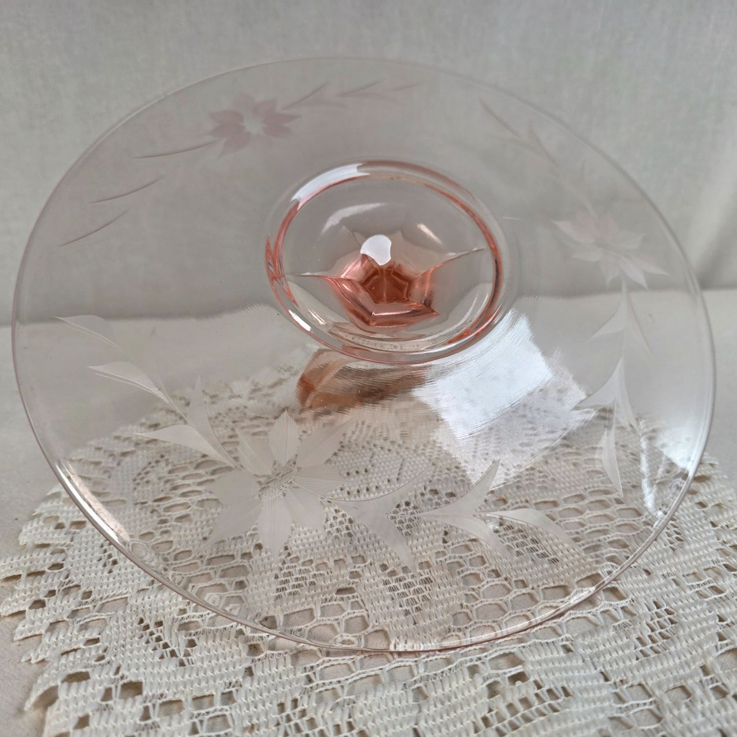Vintage Pink Depression Glass Handled Tidbit Tray Etched Floral Sandwich Plate