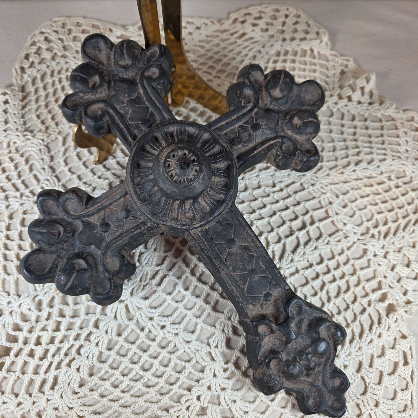 Rustic Black Ornate Wall Cross Decor With Intricate Details & Distressed Finish