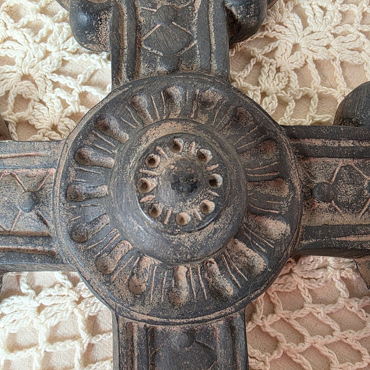 Rustic Black Ornate Wall Cross Decor With Intricate Details & Distressed Finish