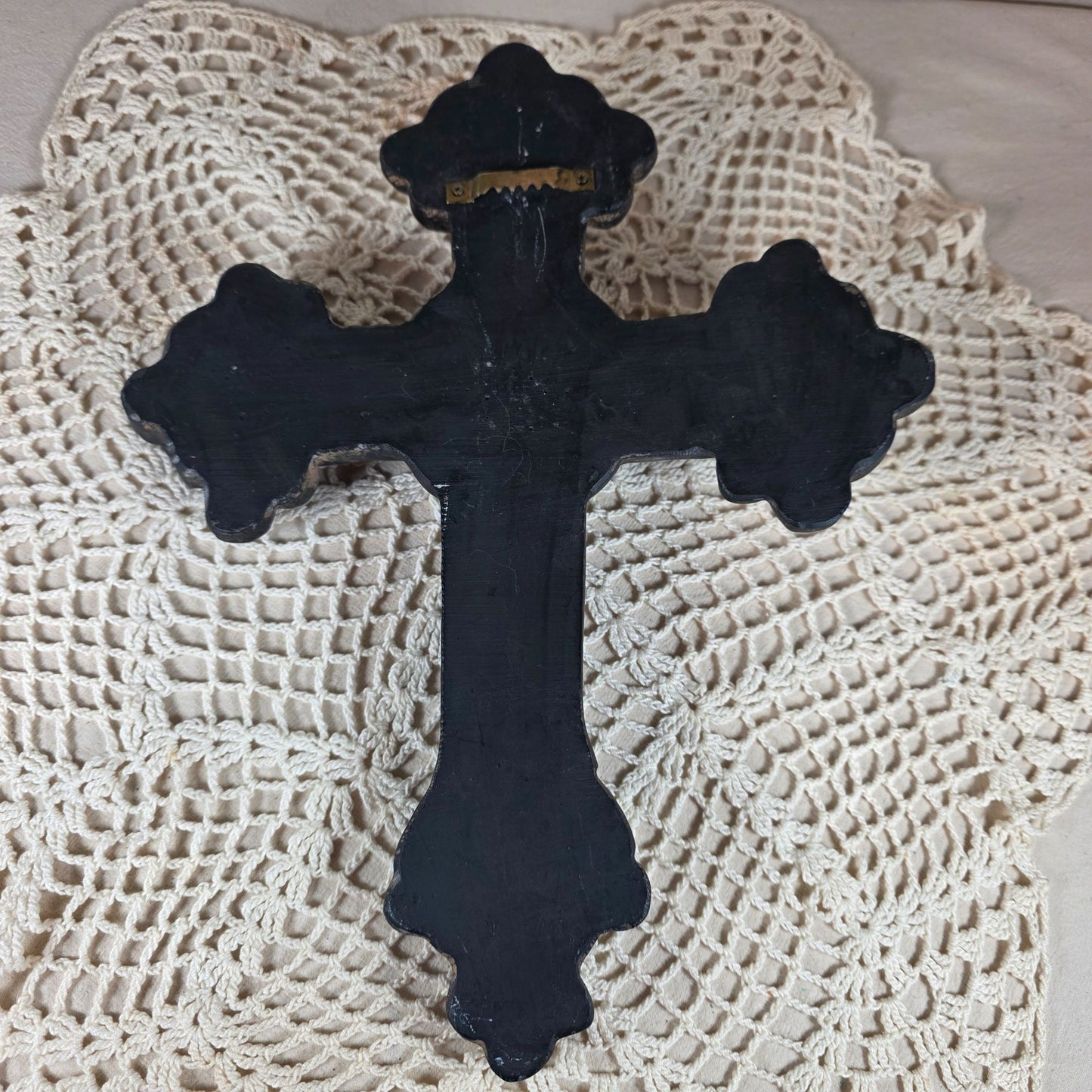 Rustic Black Ornate Wall Cross Decor With Intricate Details & Distressed Finish