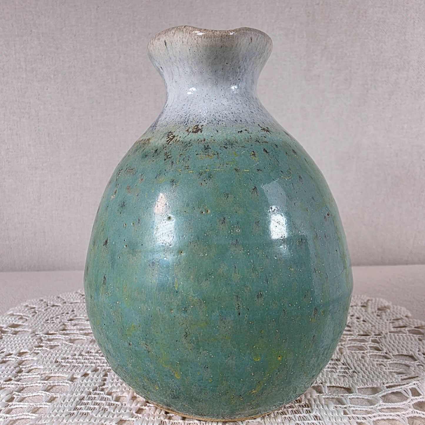 Vintage STC Japan Ceramic Vase With Speckled Green & White Glaze 6" Tall
