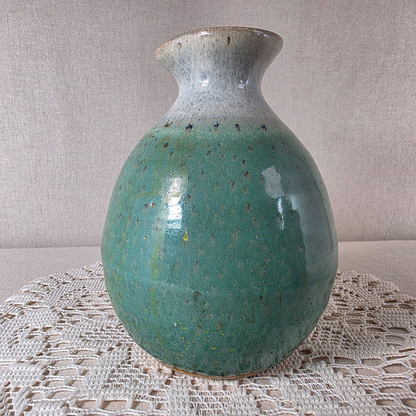 Vintage STC Japan Ceramic Vase With Speckled Green & White Glaze 6" Tall