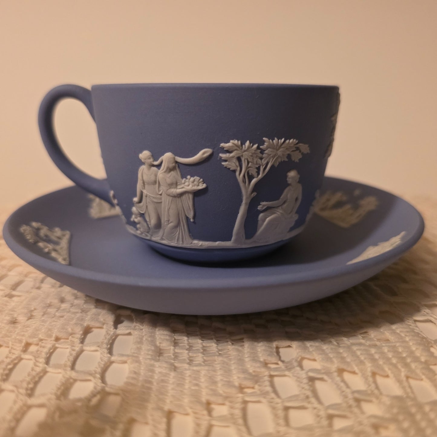 Wedgwood Jasperware Blue Cup & Saucer Set Classic Relief Figures – England