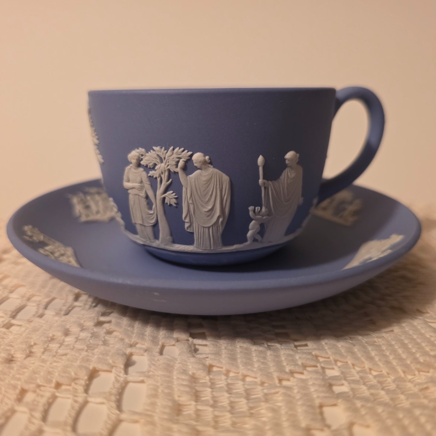 Wedgwood Jasperware Blue Cup & Saucer Set Classic Relief Figures – England