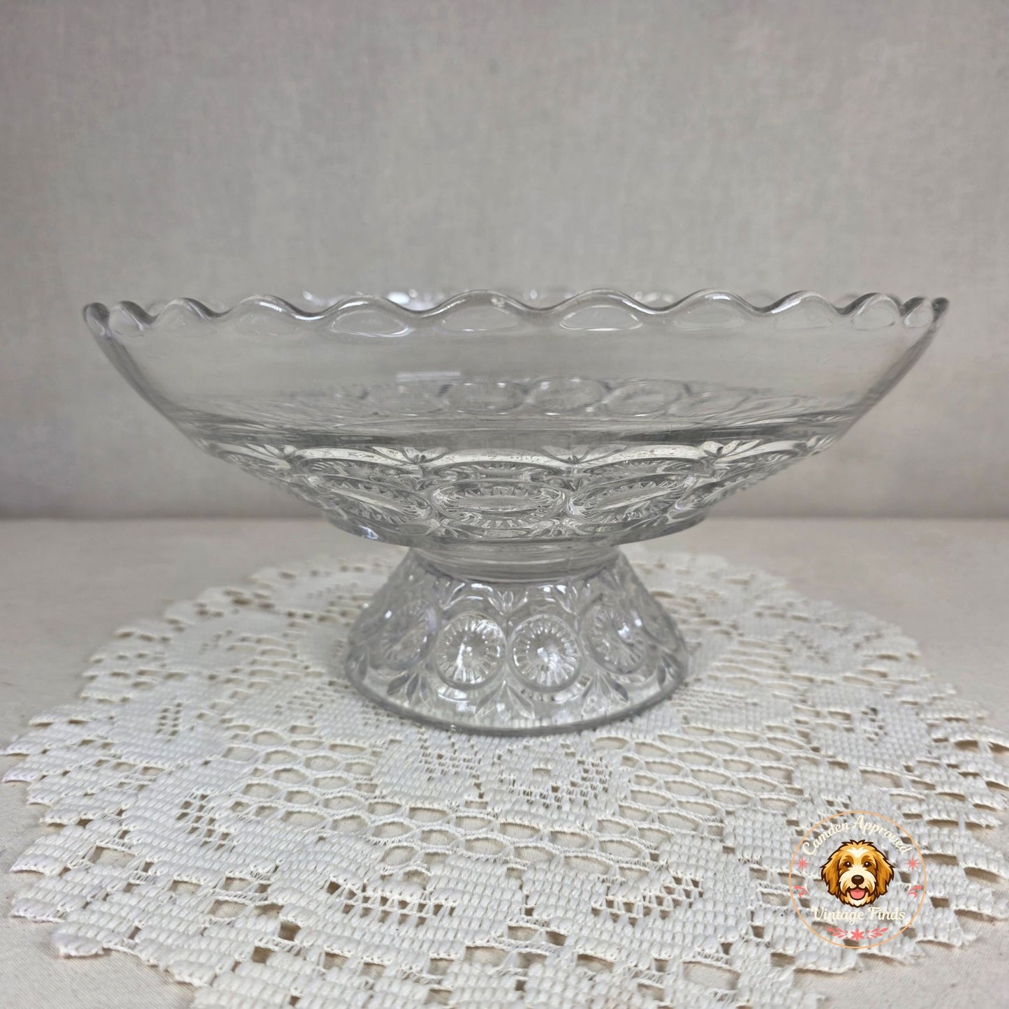 Vintage Clear Pressed Glass Footed Compote Bowl Scalloped Rim Centerpiece