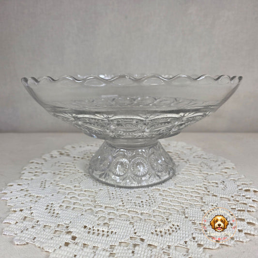 Vintage Clear Pressed Glass Footed Compote Bowl Scalloped Rim Centerpiece