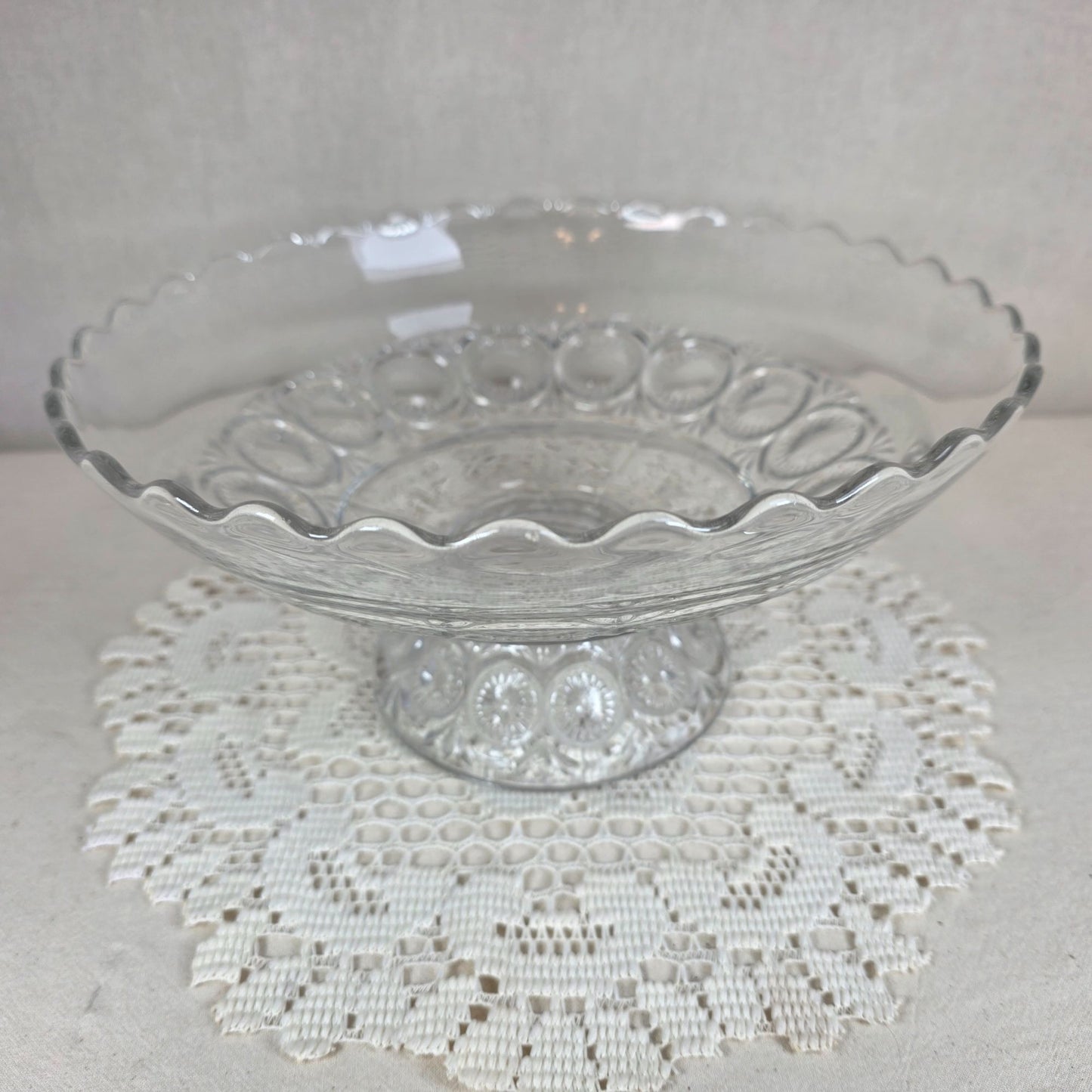 Vintage Clear Pressed Glass Footed Compote Bowl Scalloped Rim Centerpiece