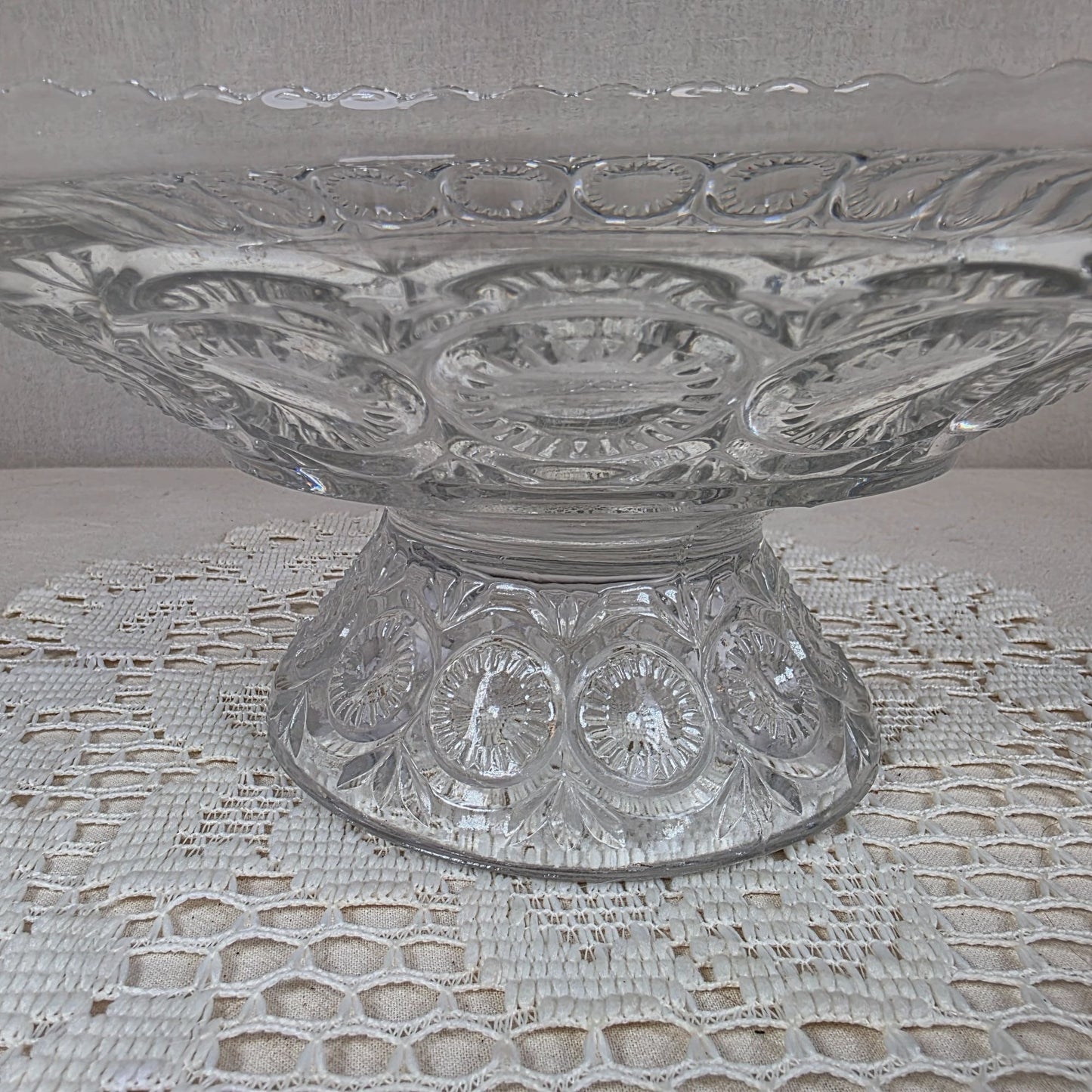 Vintage Clear Pressed Glass Footed Compote Bowl Scalloped Rim Centerpiece