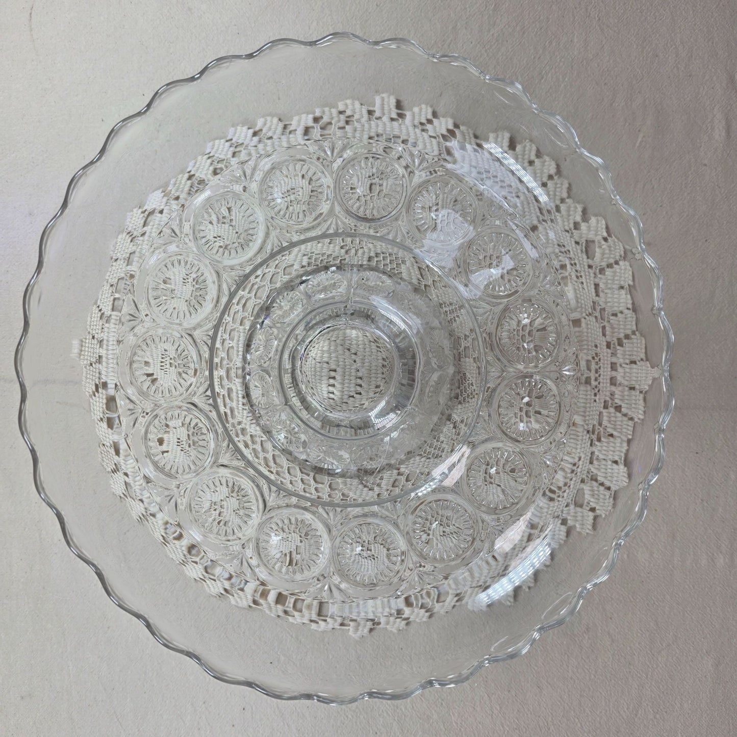 Vintage Clear Pressed Glass Footed Compote Bowl Scalloped Rim Centerpiece