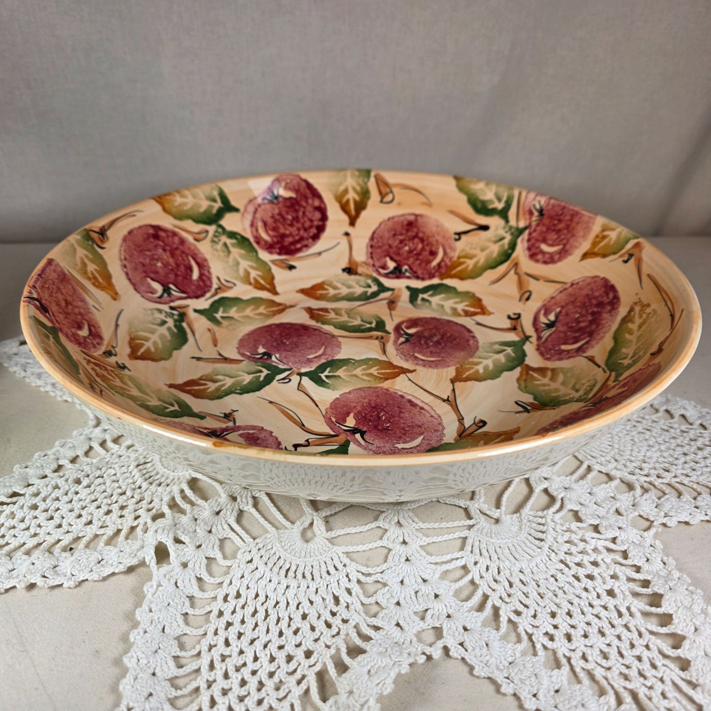 Large Vintage Portugal Ceramic Bowl With Hand-Painted Apples & Leaves - 13" Diameter