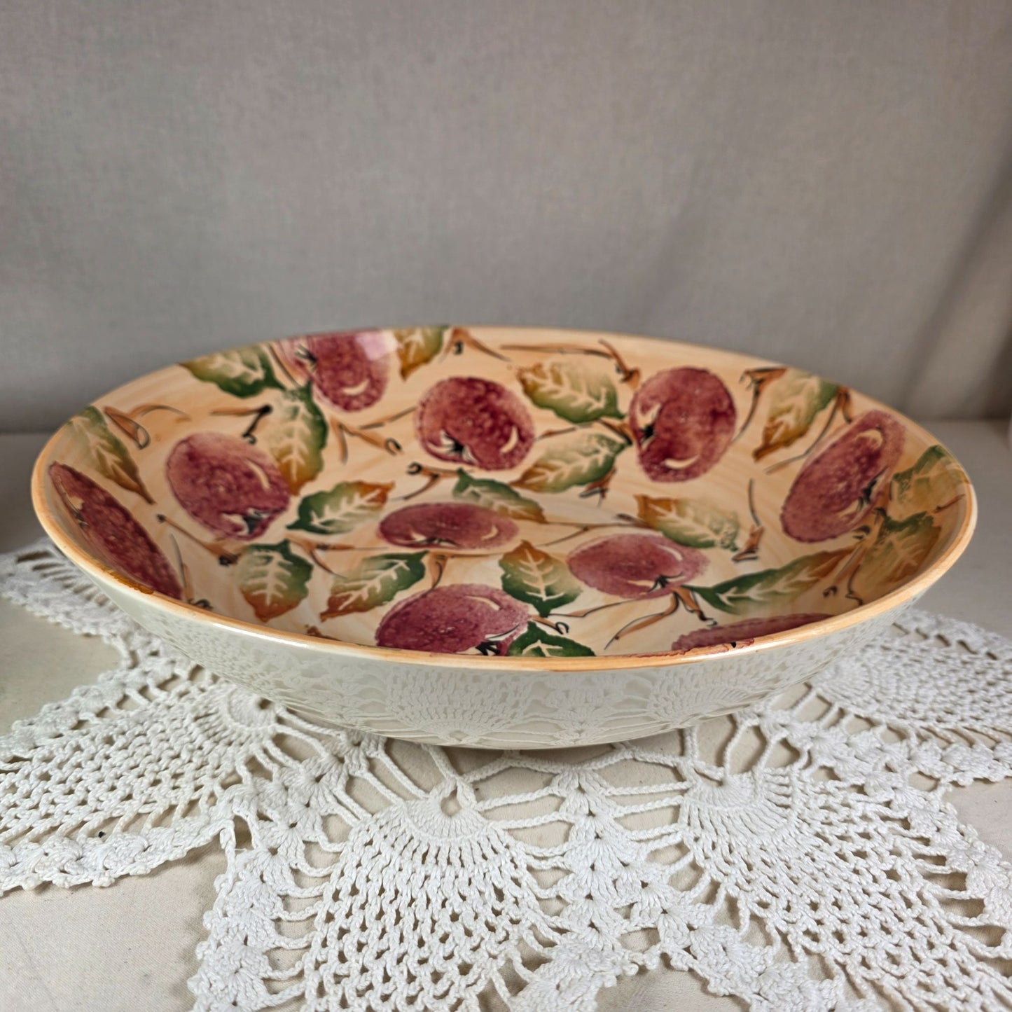 Large Vintage Portugal Ceramic Bowl With Hand-Painted Apples & Leaves - 13" Diameter