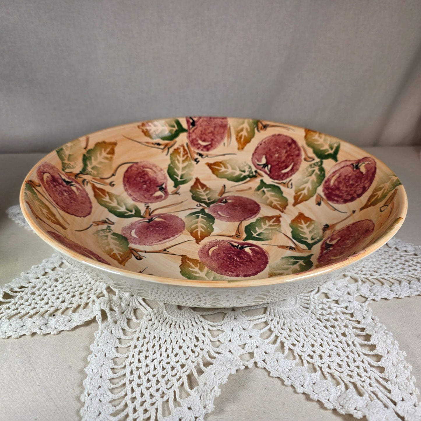 Large Vintage Portugal Ceramic Bowl With Hand-Painted Apples & Leaves - 13" Diameter