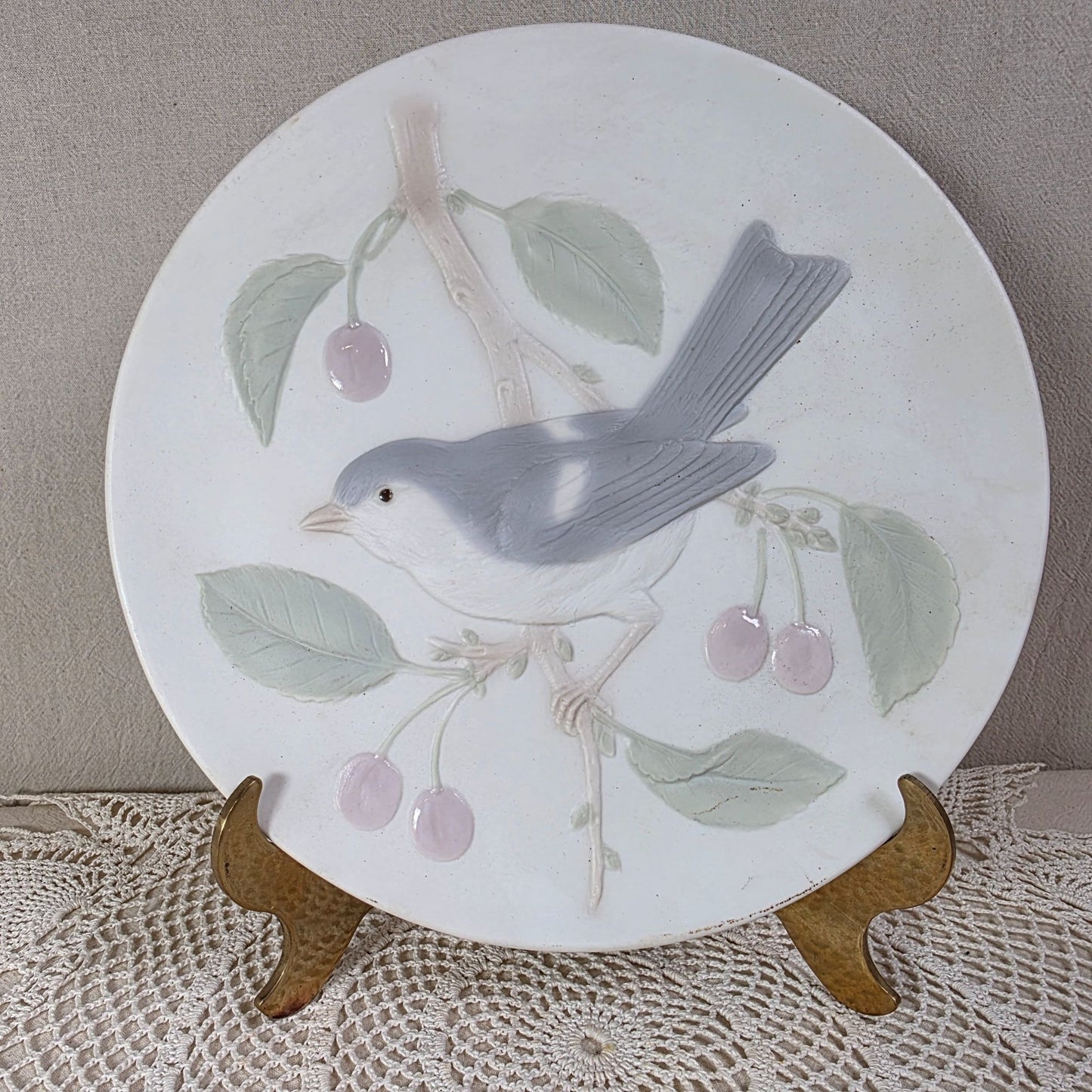 Bluebird On A Cherry Branch Collectors Plate Matte Bisque Porcelain 7.75" Diameter Made In Japan Crowning Touch Collection