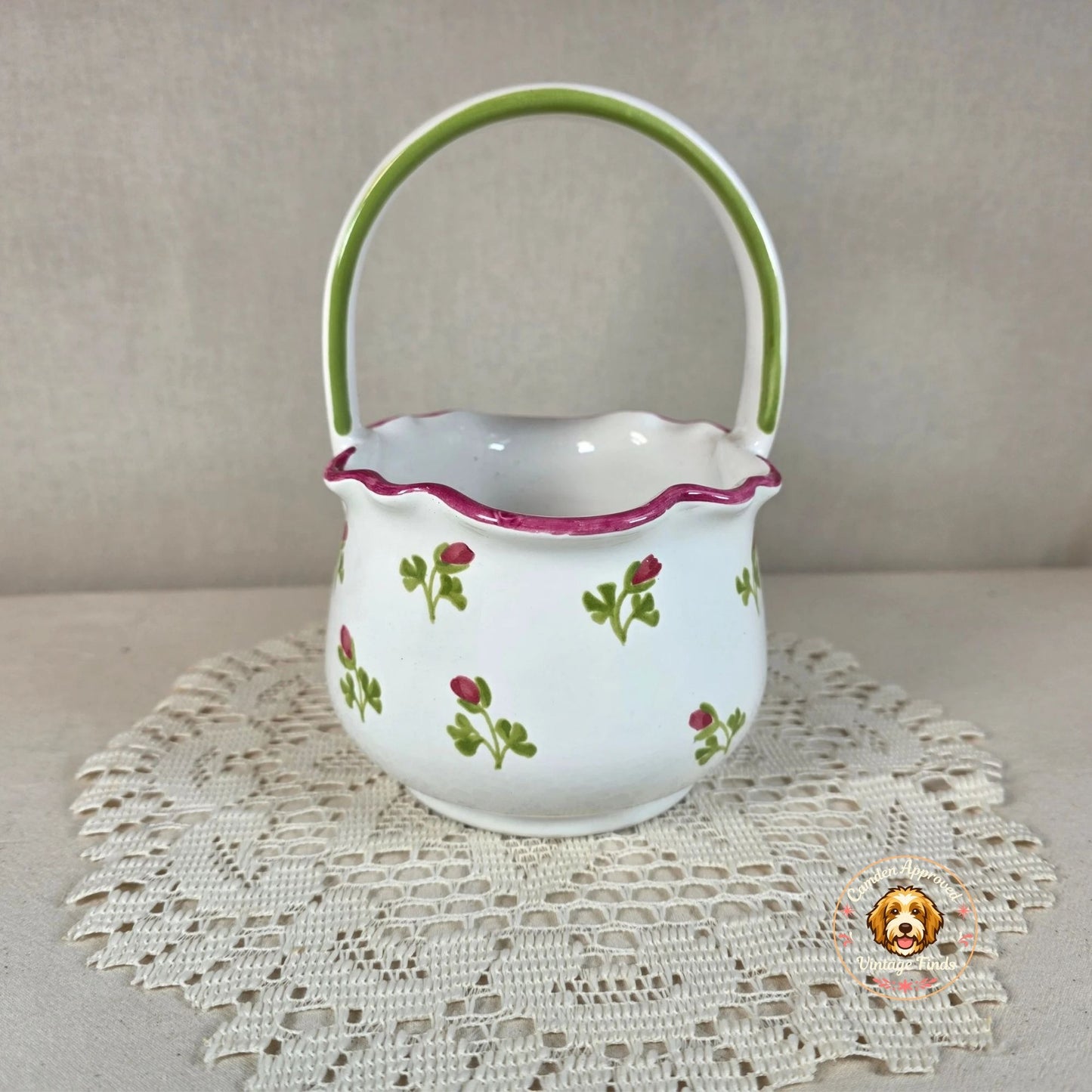 Floral Ceramic Basket With Scalloped Rim & Handle 7 1/2" Tall Hand-Painted Design