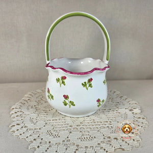 Floral Ceramic Basket With Scalloped Rim & Handle 7 1/2" Tall Hand-Painted Design
