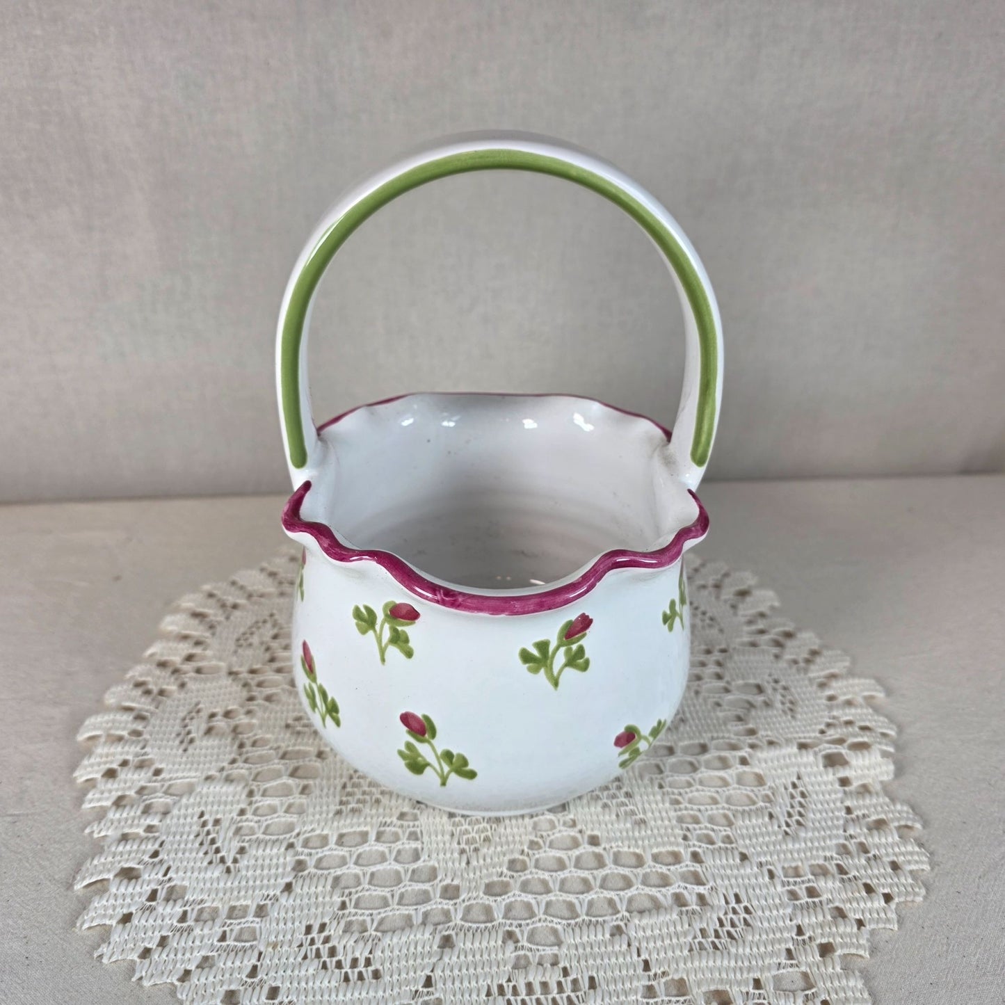 Floral Ceramic Basket With Scalloped Rim & Handle 7 1/2" Tall Hand-Painted Design