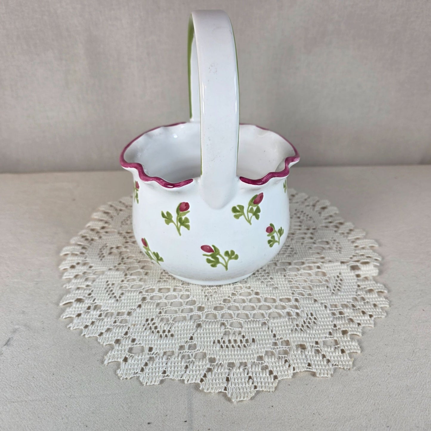 Floral Ceramic Basket With Scalloped Rim & Handle 7 1/2" Tall Hand-Painted Design