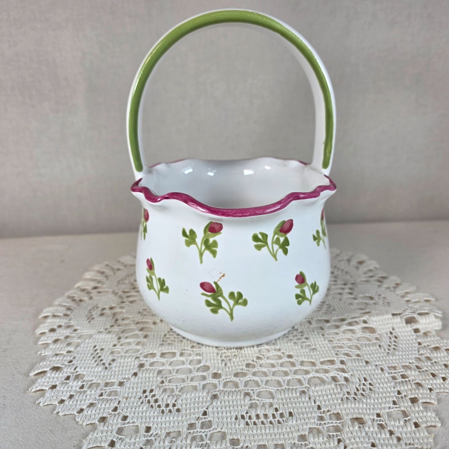 Floral Ceramic Basket With Scalloped Rim & Handle 7 1/2" Tall Hand-Painted Design