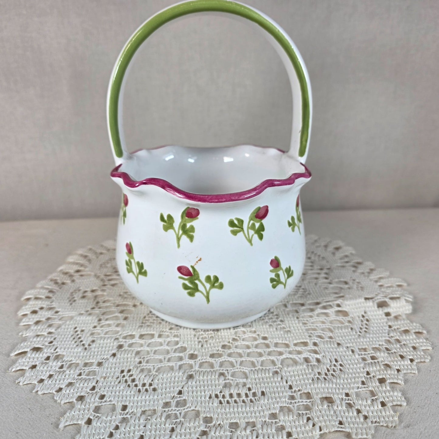 Floral Ceramic Basket With Scalloped Rim & Handle 7 1/2" Tall Hand-Painted Design