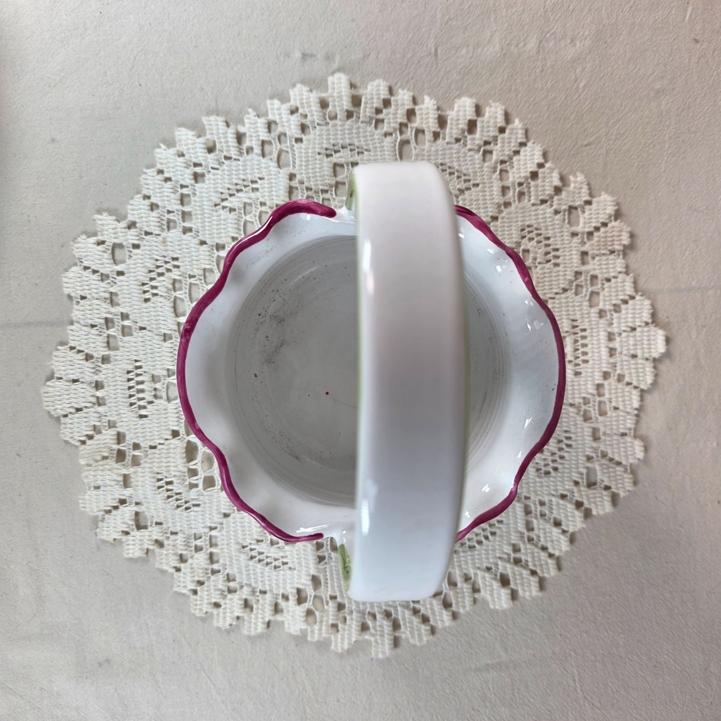 Floral Ceramic Basket With Scalloped Rim & Handle 7 1/2" Tall Hand-Painted Design
