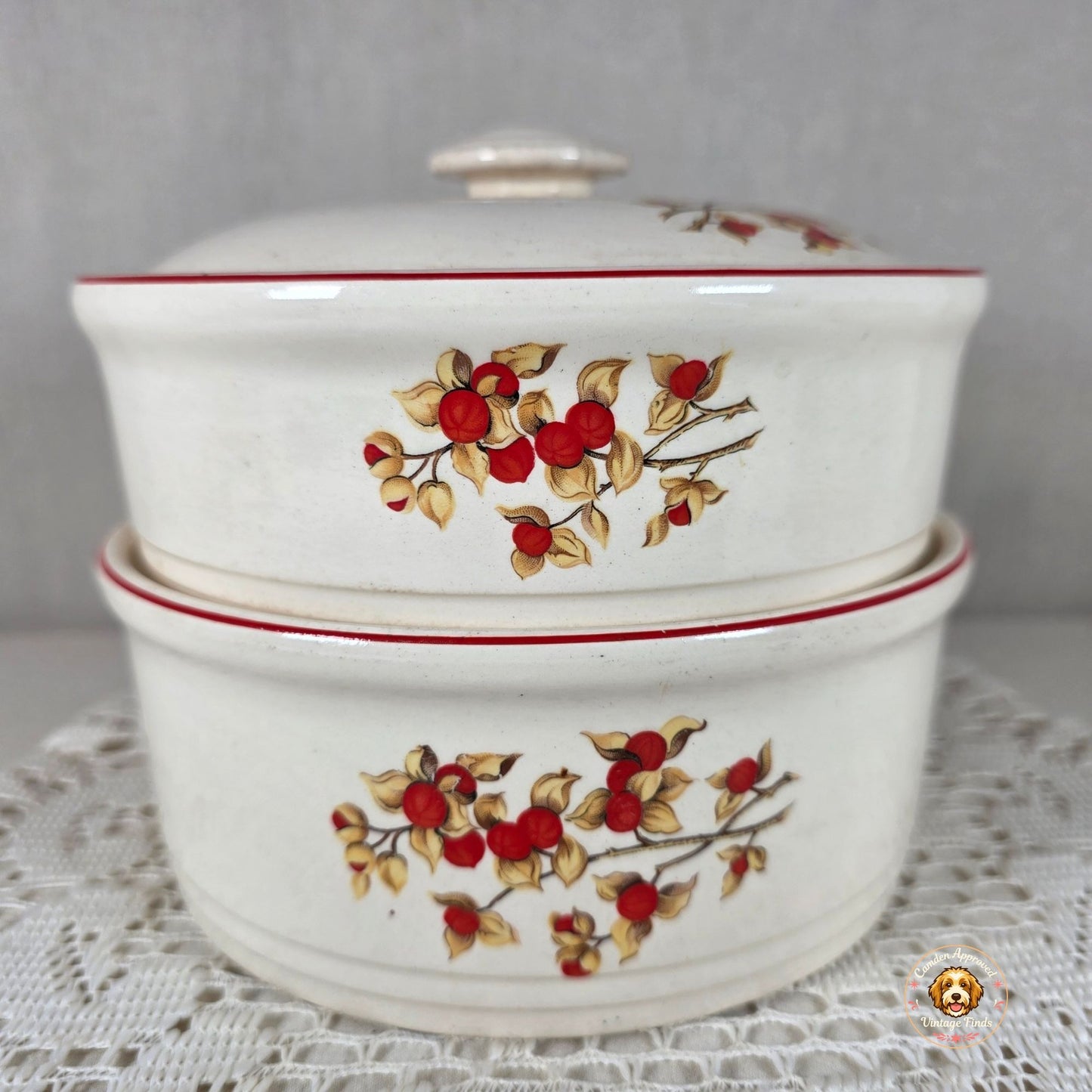 Vintage Ovenproof Stoneware Bittersweet Berry Casserole Dish Set with Lid USA