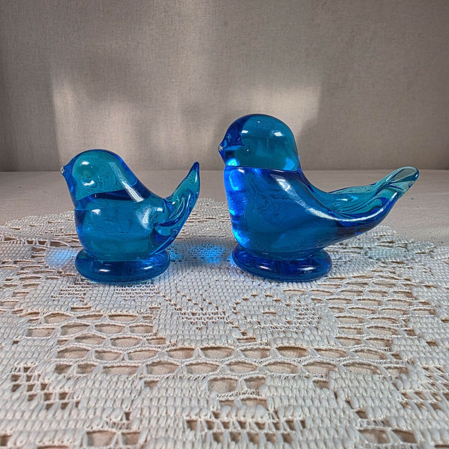 Blue Glass Birds of Happiness Pair Handblown Art Glass Decor