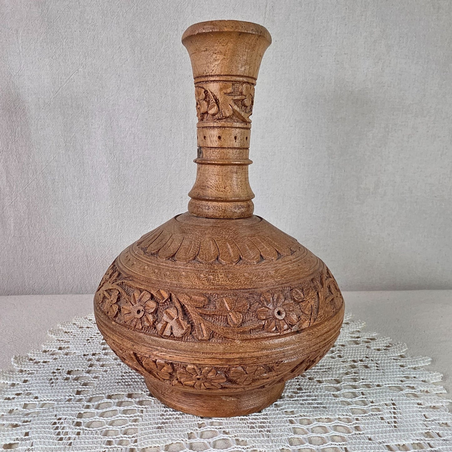 Carved Wooden Decorative Vase With Intricate Floral & Botanical Relief Handcrafted Accent Piece