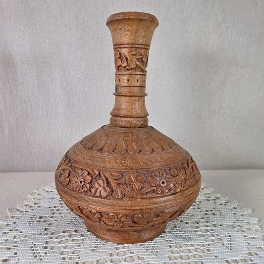 Carved Wooden Decorative Vase With Intricate Floral & Botanical Relief Handcrafted Accent Piece