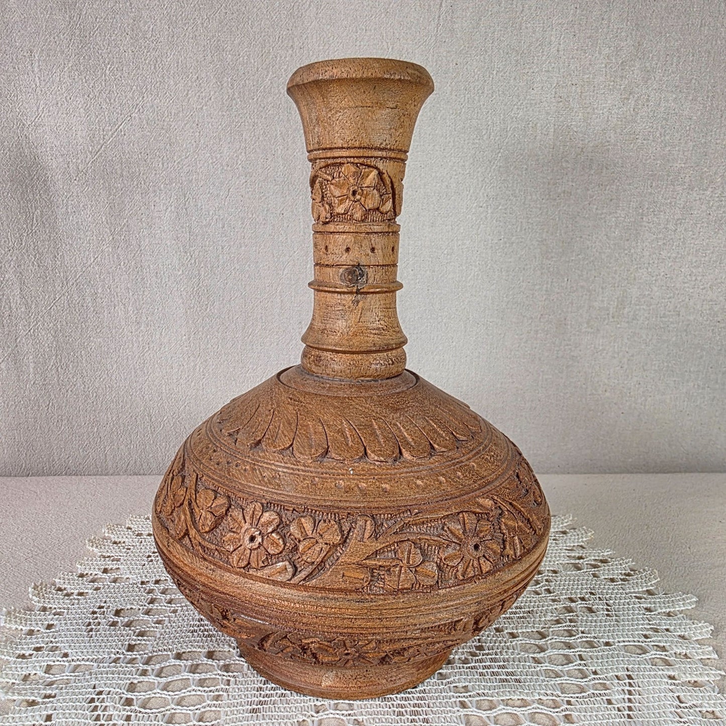 Carved Wooden Decorative Vase With Intricate Floral & Botanical Relief Handcrafted Accent Piece