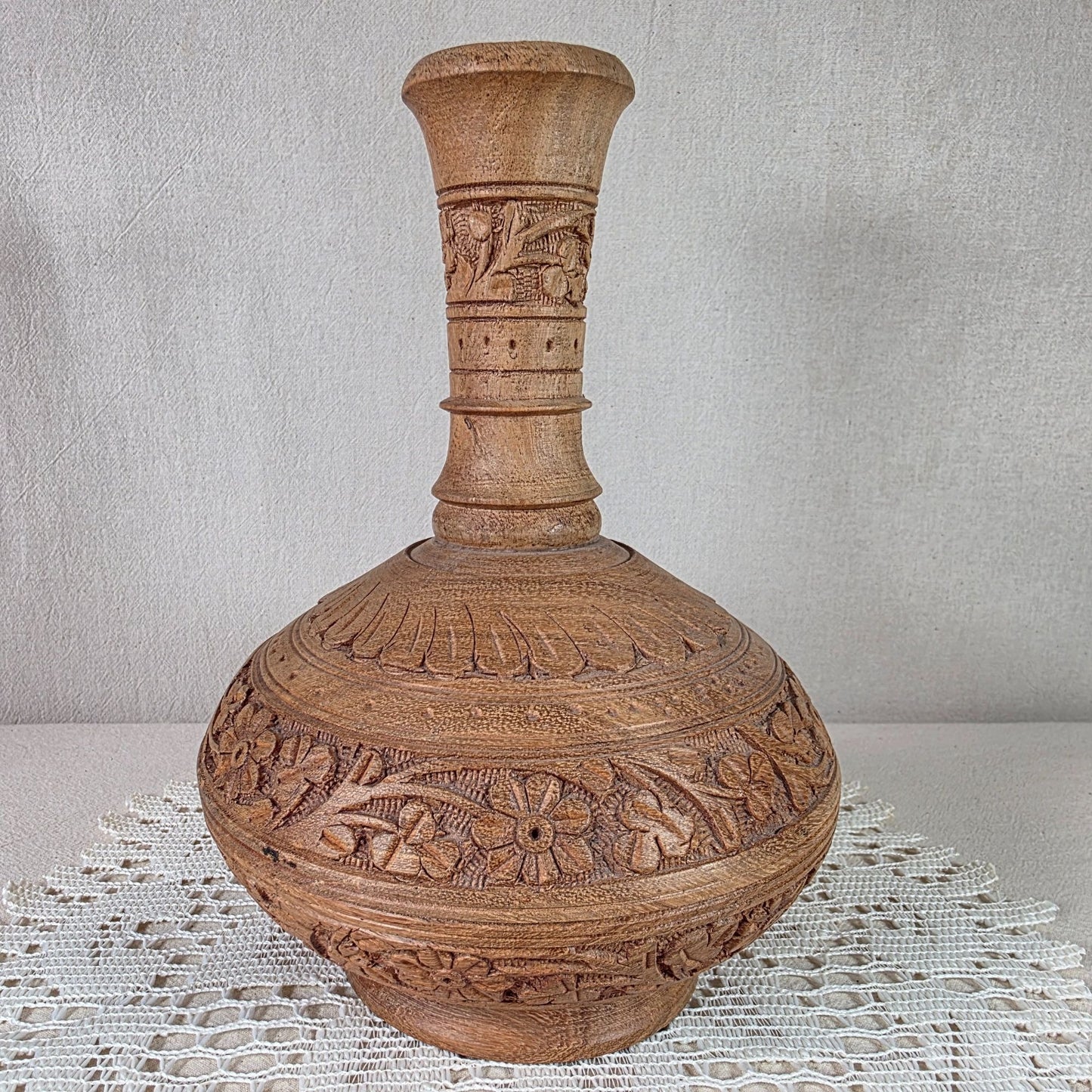 Carved Wooden Decorative Vase With Intricate Floral & Botanical Relief Handcrafted Accent Piece