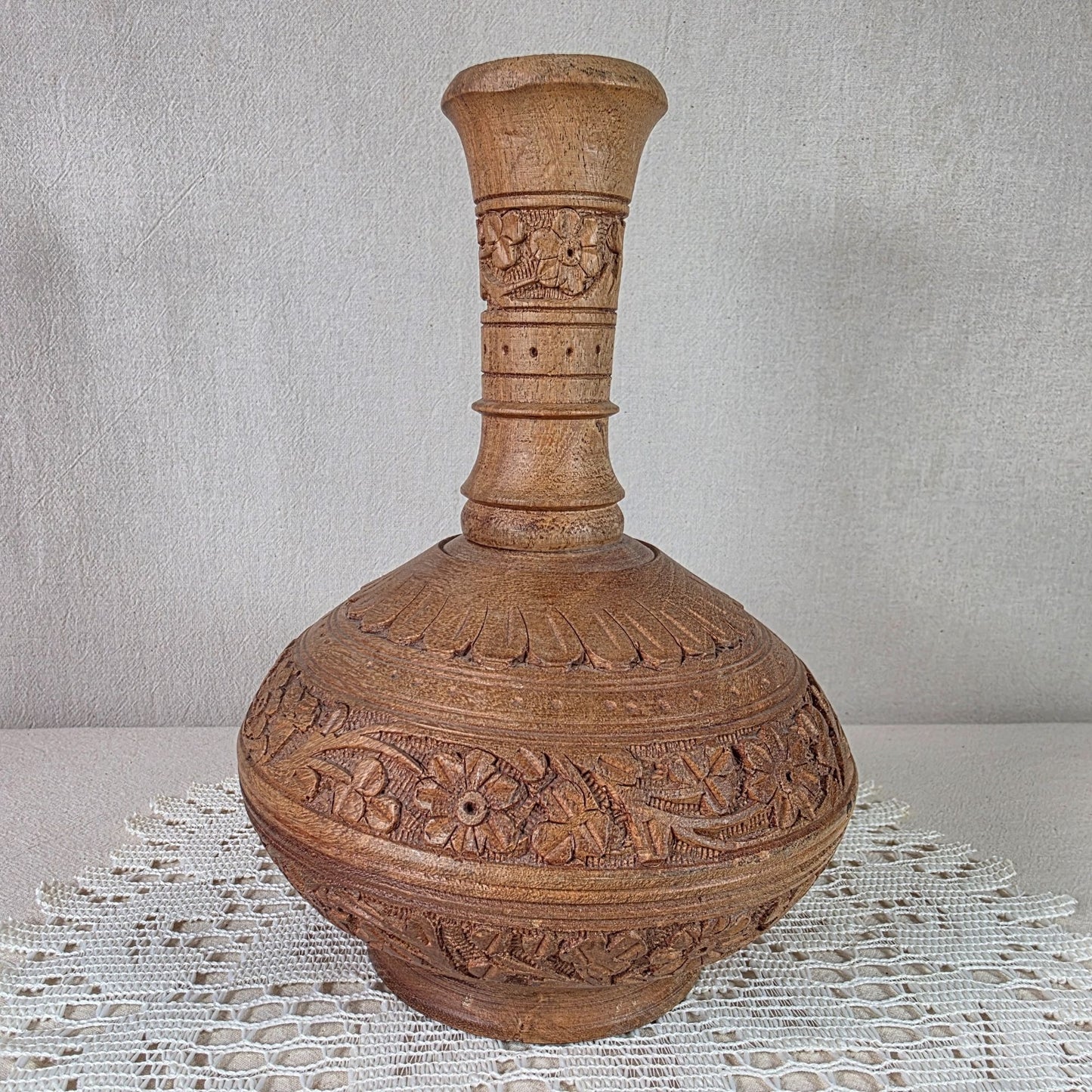 Carved Wooden Decorative Vase With Intricate Floral & Botanical Relief Handcrafted Accent Piece