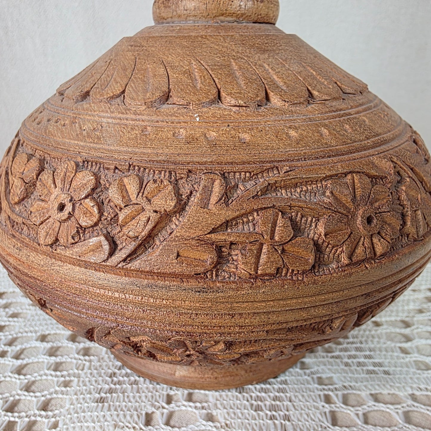 Carved Wooden Decorative Vase With Intricate Floral & Botanical Relief Handcrafted Accent Piece