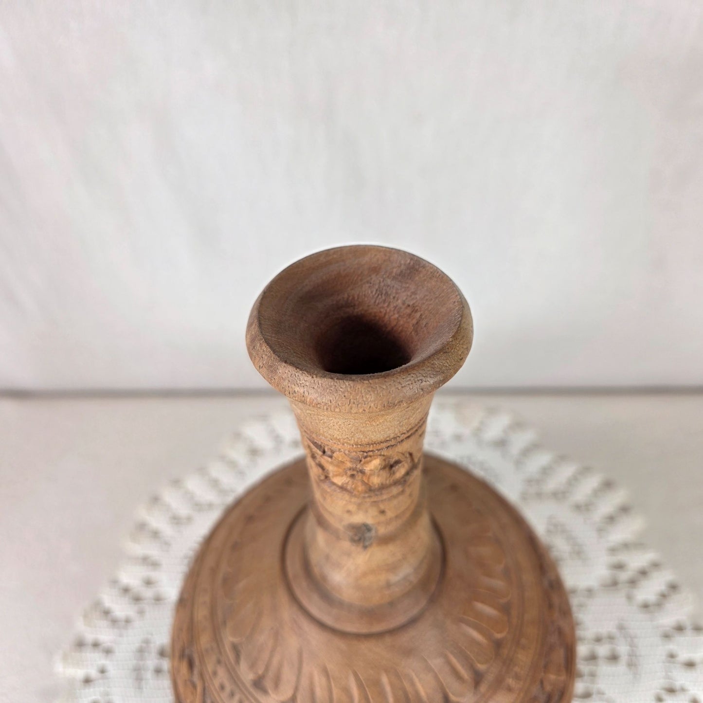 Carved Wooden Decorative Vase With Intricate Floral & Botanical Relief Handcrafted Accent Piece