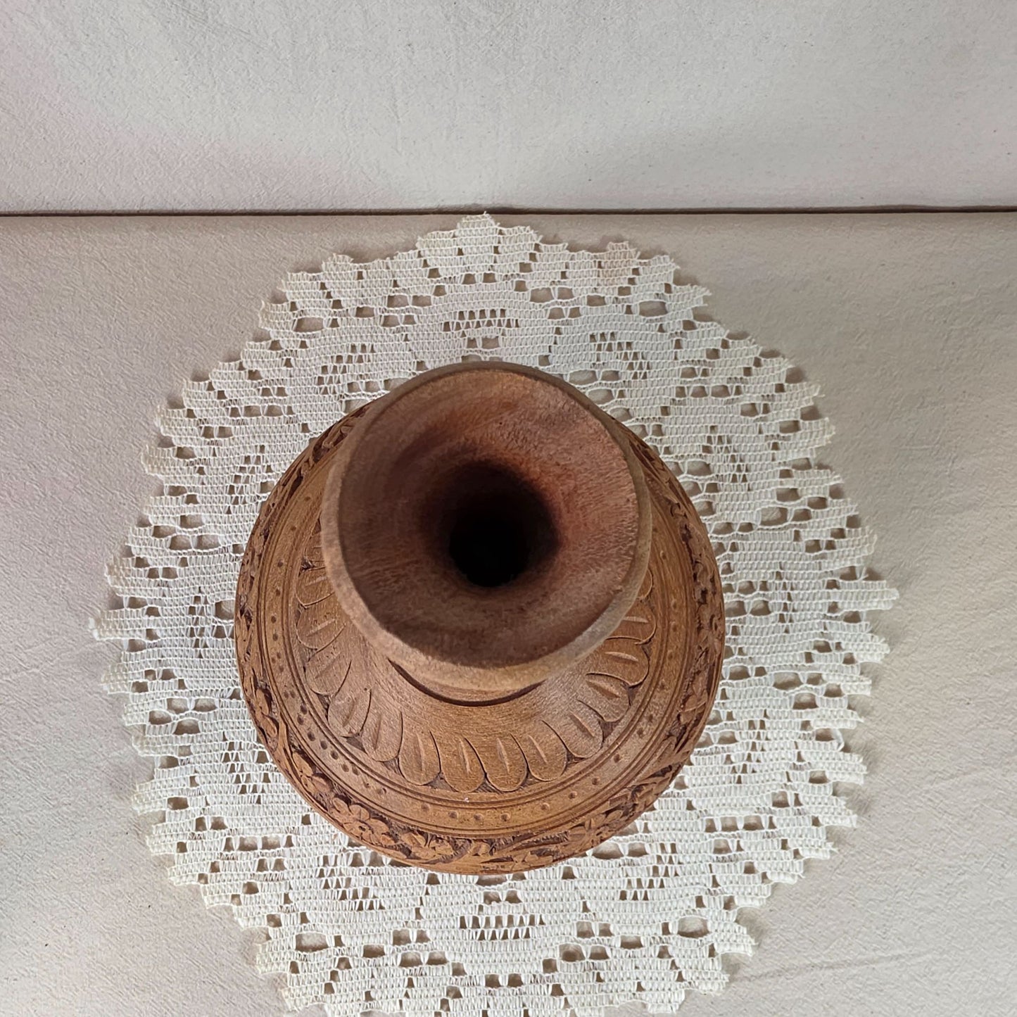 Carved Wooden Decorative Vase With Intricate Floral & Botanical Relief Handcrafted Accent Piece