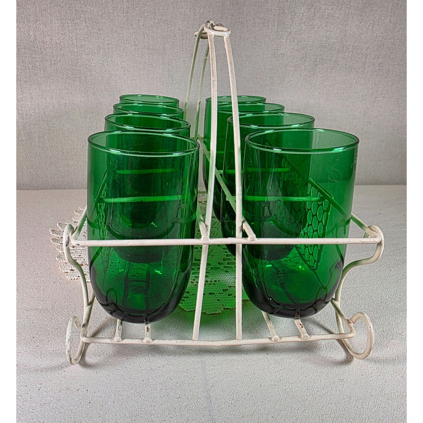 Vintage Emerald Green Glass Tumbler Set with White Metal Carrier Caddy MCM-Barware