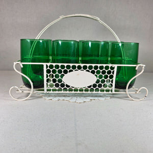 Vintage Emerald Green Glass Tumbler Set with White Metal Carrier Caddy MCM-Barware