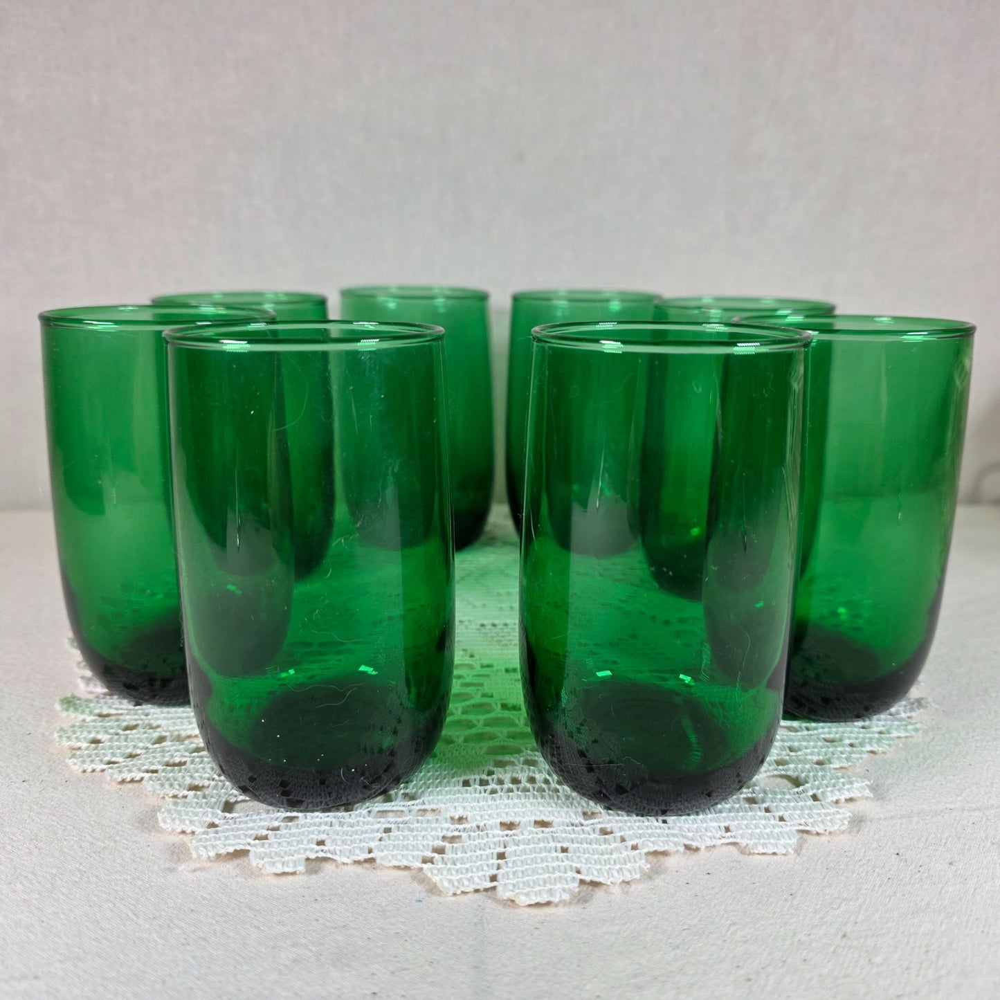 Vintage Emerald Green Glass Tumbler Set with White Metal Carrier Caddy MCM-Barware