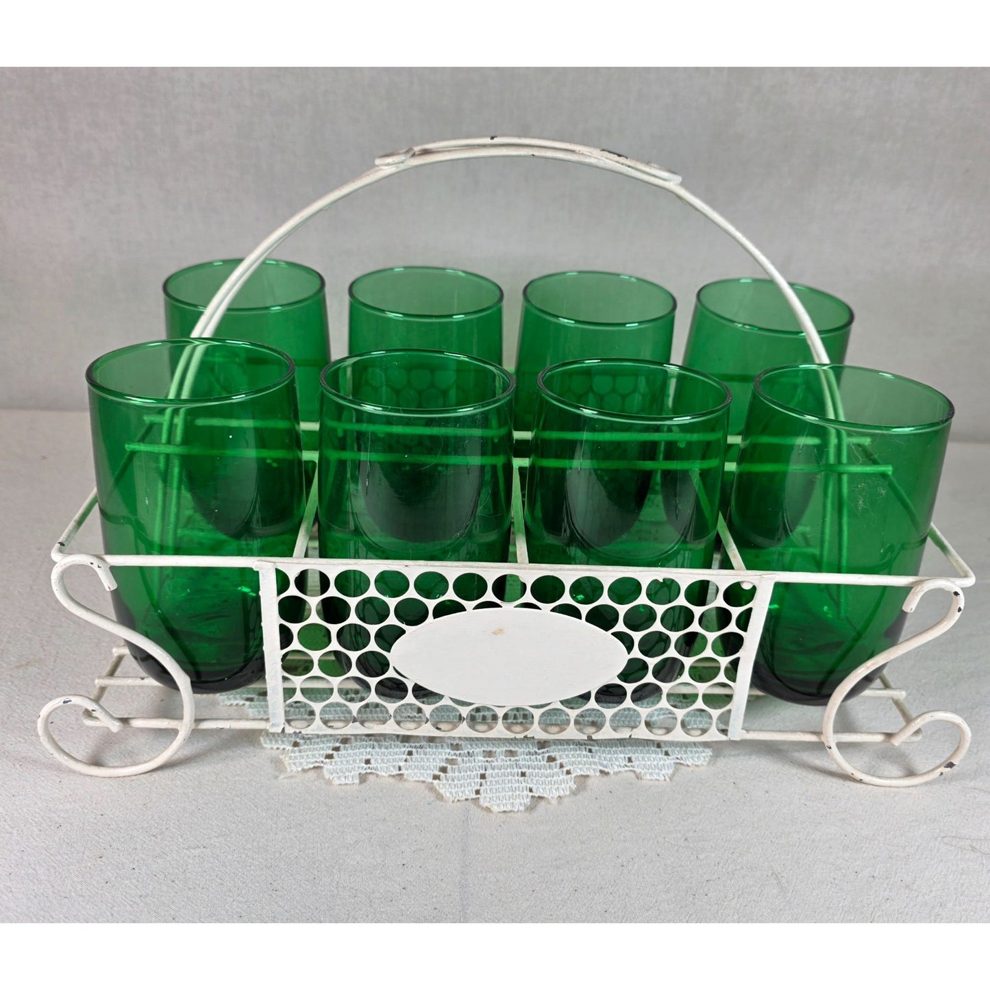 Vintage Emerald Green Glass Tumbler Set with White Metal Carrier Caddy MCM-Barware