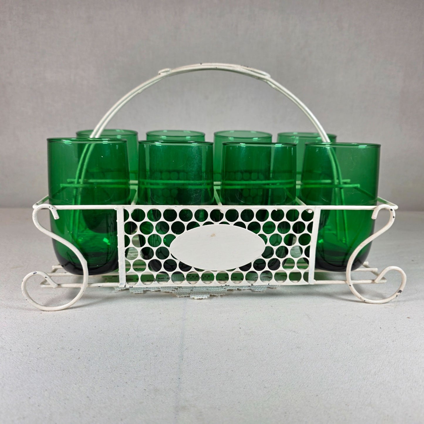 Vintage Emerald Green Glass Tumbler Set with White Metal Carrier Caddy MCM-Barware