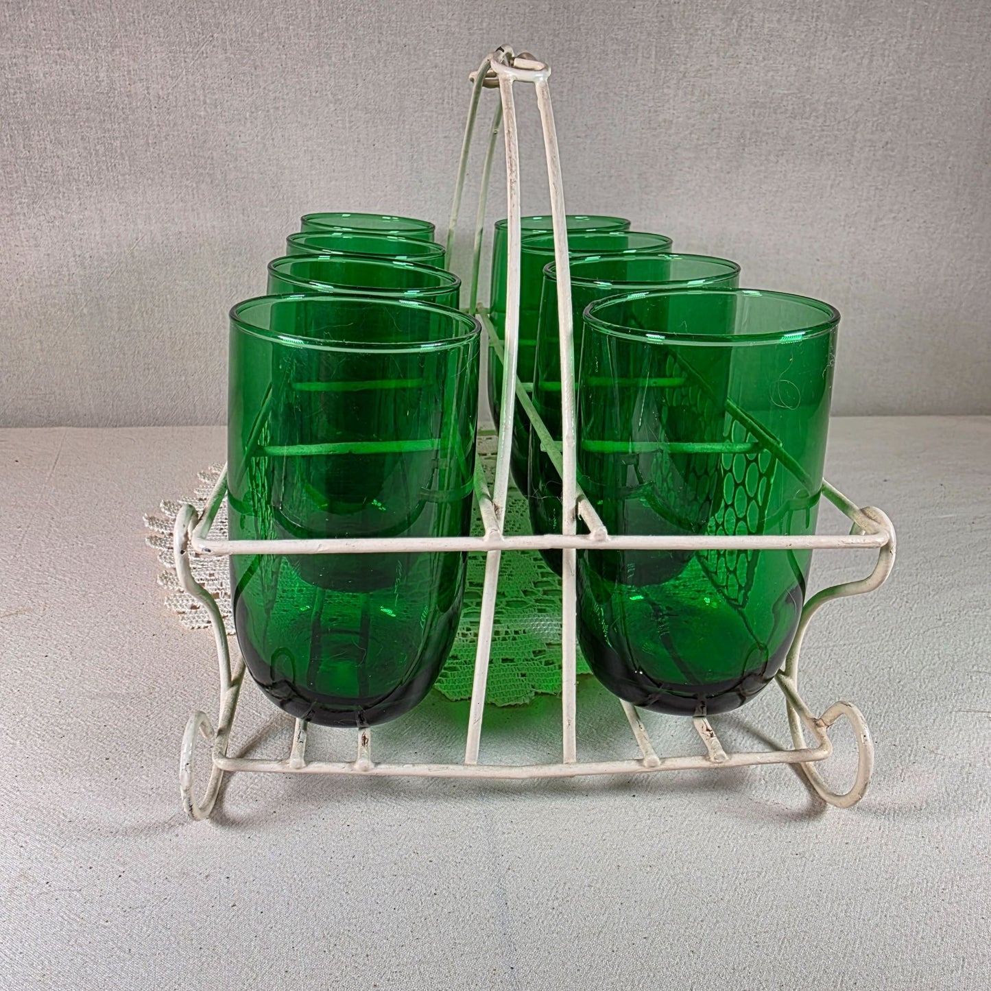 Vintage Emerald Green Glass Tumbler Set with White Metal Carrier Caddy MCM-Barware